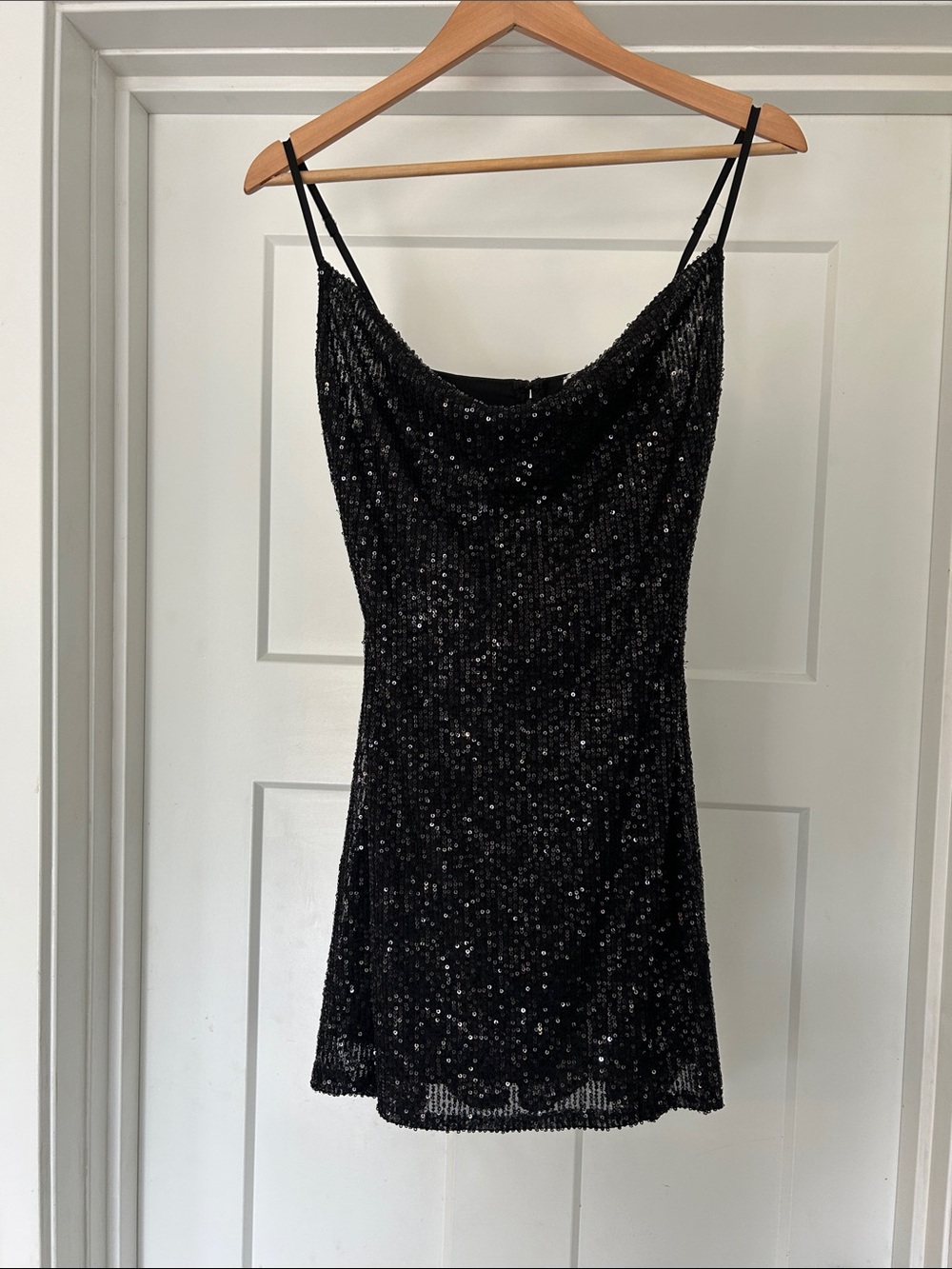 Black Sequin Mini Dress with Cowl Neckline